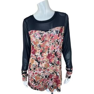 LOGO‎ by Lori Goldstein Printed Sheer Top with Solid Details Medium Black